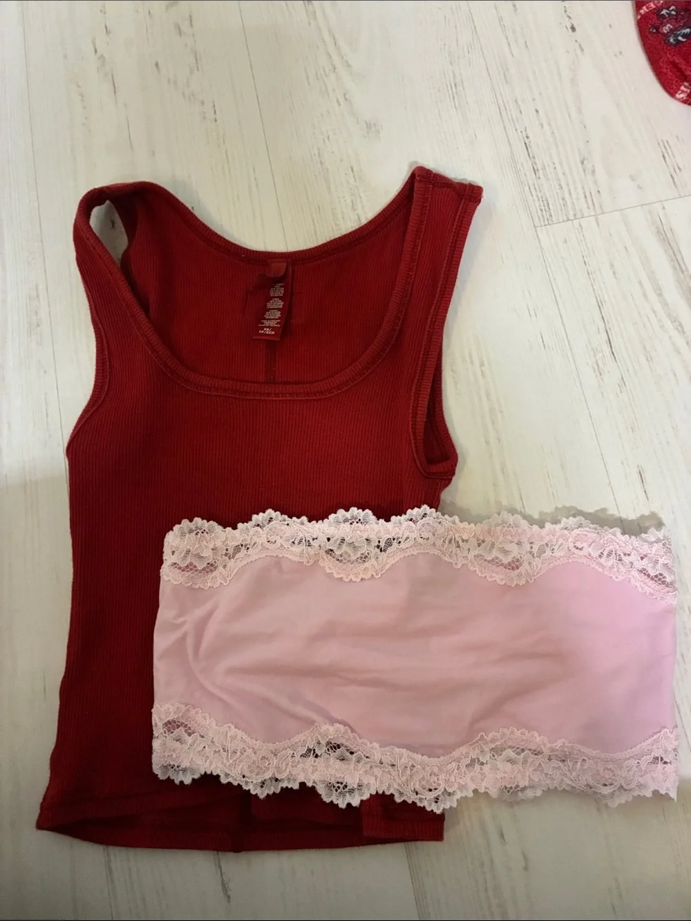 SKIMS Red Ribbed Tank Top with Light Pink Lace Bandeau